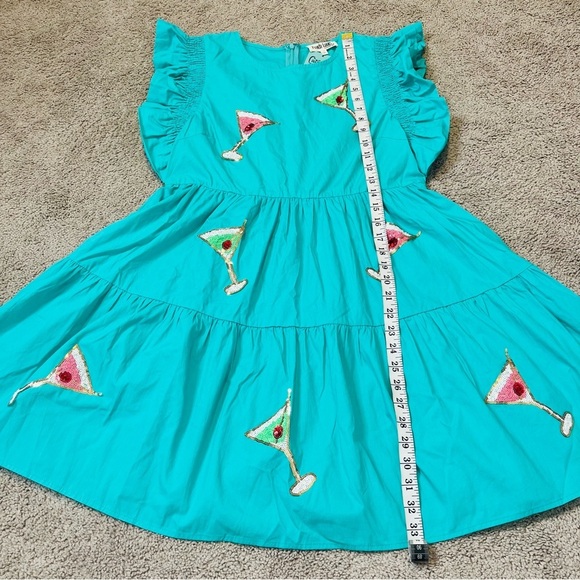 NWT! Peach Love SEQUINS MARTINI PATCH TURQUOISE COTTON MINI DRESS. Size Medium. - Picture 15 of 16